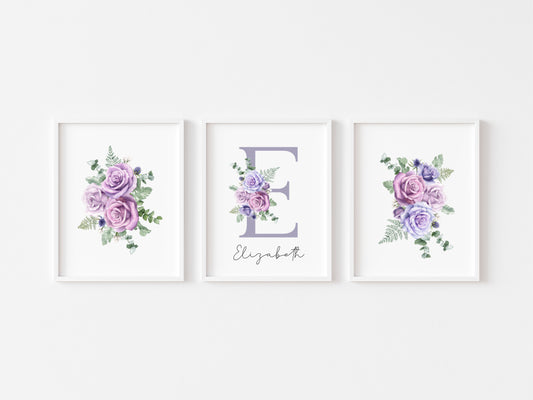 Set of 3 purple roses floral Initial personalised girls bedroom wall art poster prints, personalised with name, girls bedroom decor, lilac prints