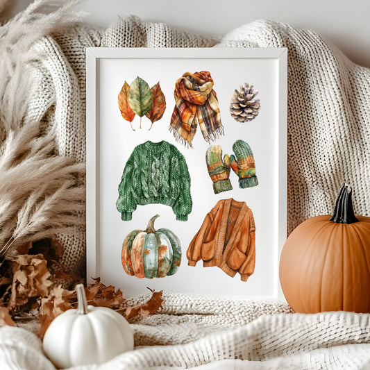 Autumn mood, Autumn cosy knit jumpers orange green rusty fall fashion unframed wall art poster print, autumn home decor autumn mood board