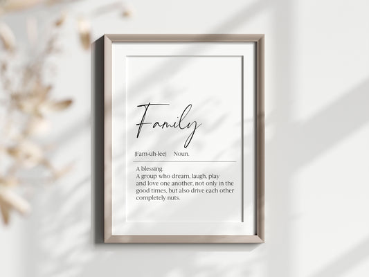 Family definition, definitions, home hallway unframed wall art poster print, home decor, definition prints, home family wall art poster print
