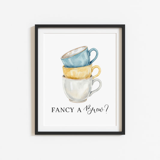 Tea cups fancy a brew? cup of tea blue yellow Kitchen Art (Unframed)