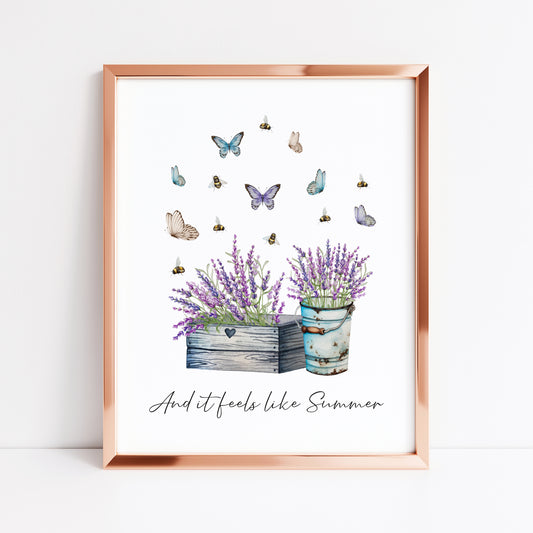 Summer gardening print, and it feels like summer lavender butterflies & bees seasonal unframed wall art poster print