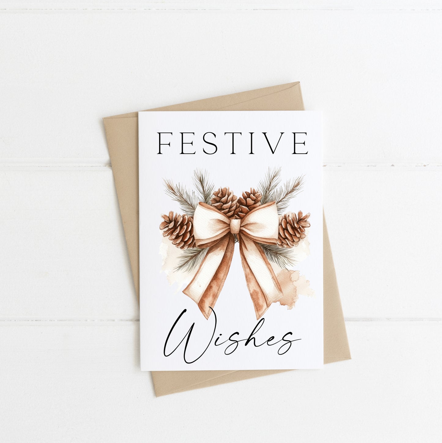 Christmas card, Festive Wishes acorn foliage bow neutral pretty watercolour Christmas seasonal greetings card, envelope,kraft brown or white