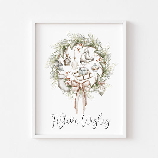 Christmas Print Watercolour Beige white red wreath decorations festive wishes Wall Art (unframed)