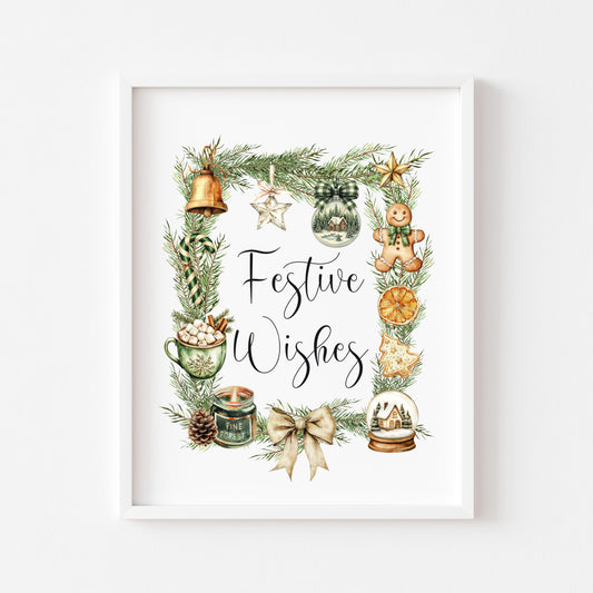 Christmas Print Festive wishes Beige & Green wreath xmas faves watercolour Wall Art (unframed)