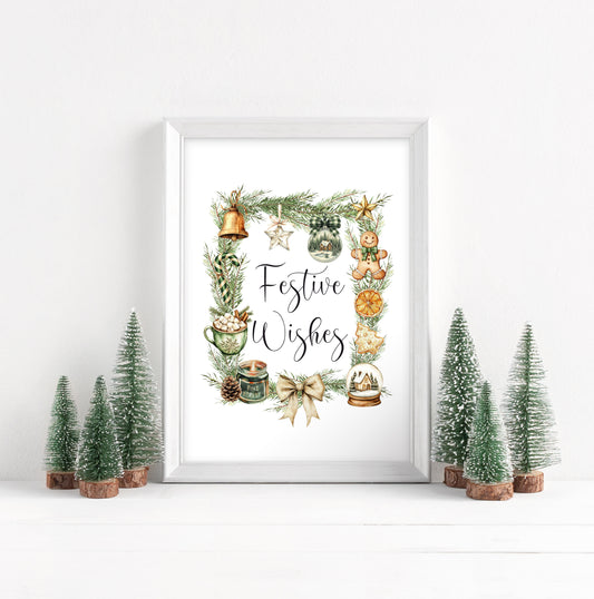 Christmas Print Festive wishes Beige & Green wreath xmas faves watercolour Wall Art (unframed)