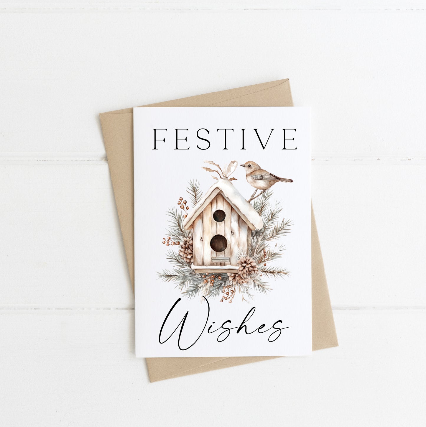 Christmas card, Festive Wishes acorn foliage bird house snowy watercolour Christmas seasonal greetings card, envelope,kraft brown or white