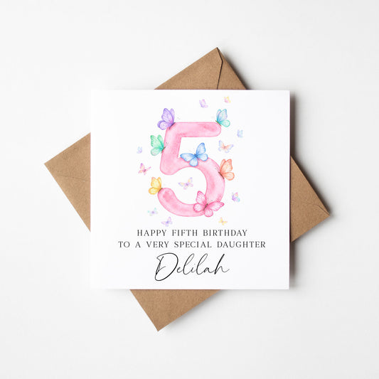 Personalised 5th Birthday Card pink purple Butterfly girls bday card, number 5, daughter, granddaughter, friend with Envelope