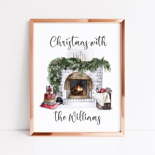 Christmas at the/with the personalised fireplace illustration seasonal wall art poster print