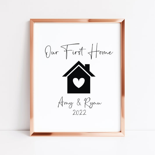 Our First / New home, house heart print, personalised with names and or dates couples wall art new home gift unframed poster print
