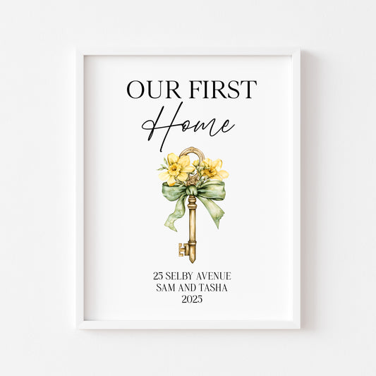 Personalised First / New Home Print Floral key New House Gift, Wall Art (unframed)