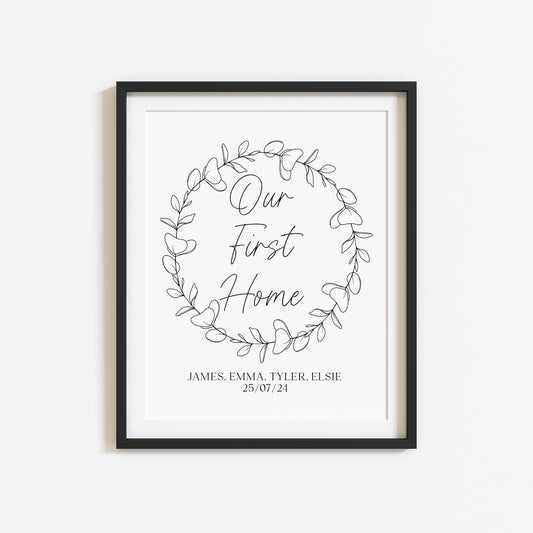 Personalised Our first home couples family new home wreath unframed wall art poster print