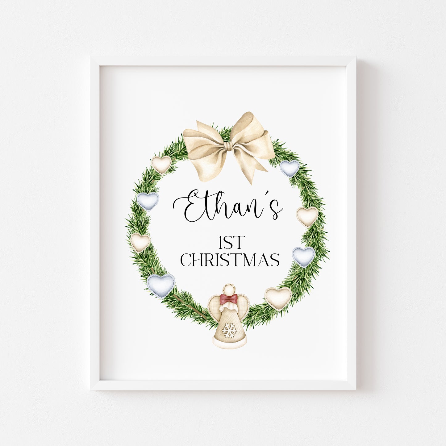 Personalised First Christmas kids babies seasonal heart wreath beige blue unframed wall art poster print