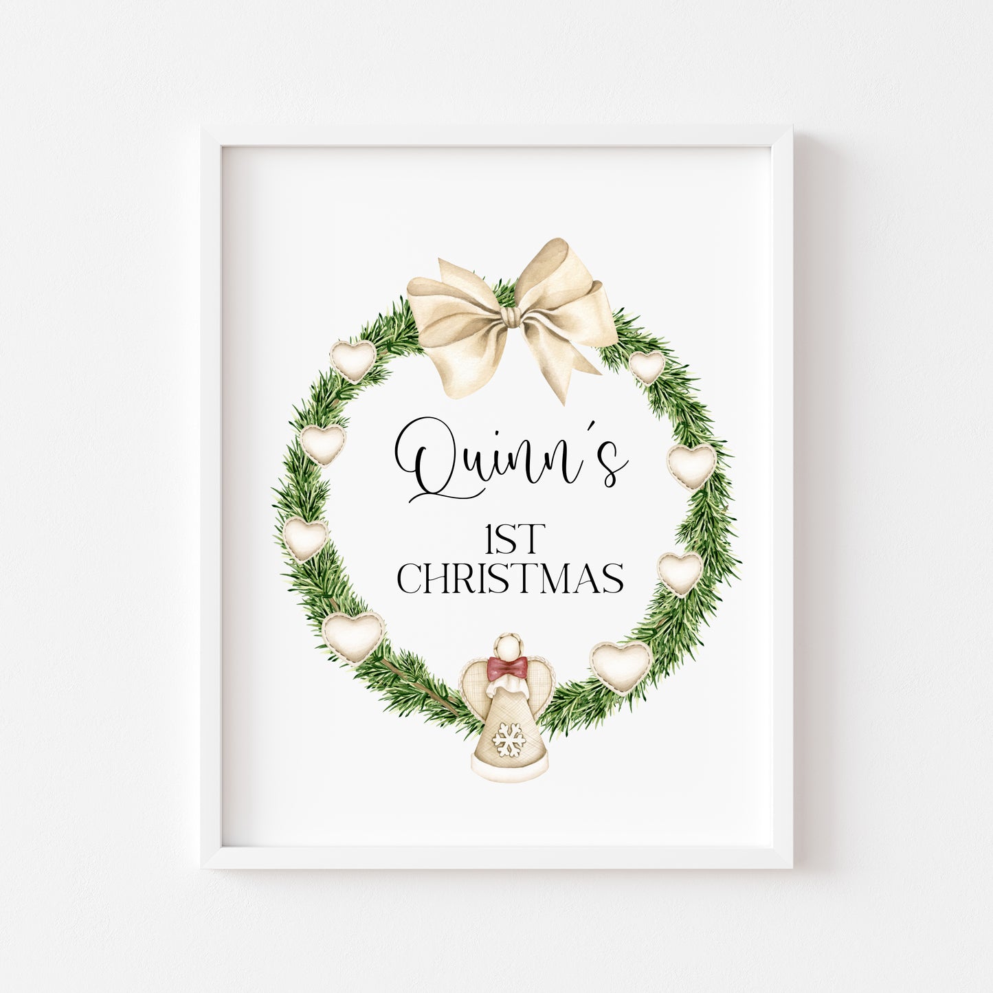 Personalised First Christmas kids babies seasonal heart wreath beige blue unframed wall art poster print