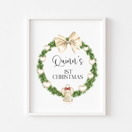 Personalised First Christmas kids babies seasonal heart wreath beige blue unframed wall art poster print
