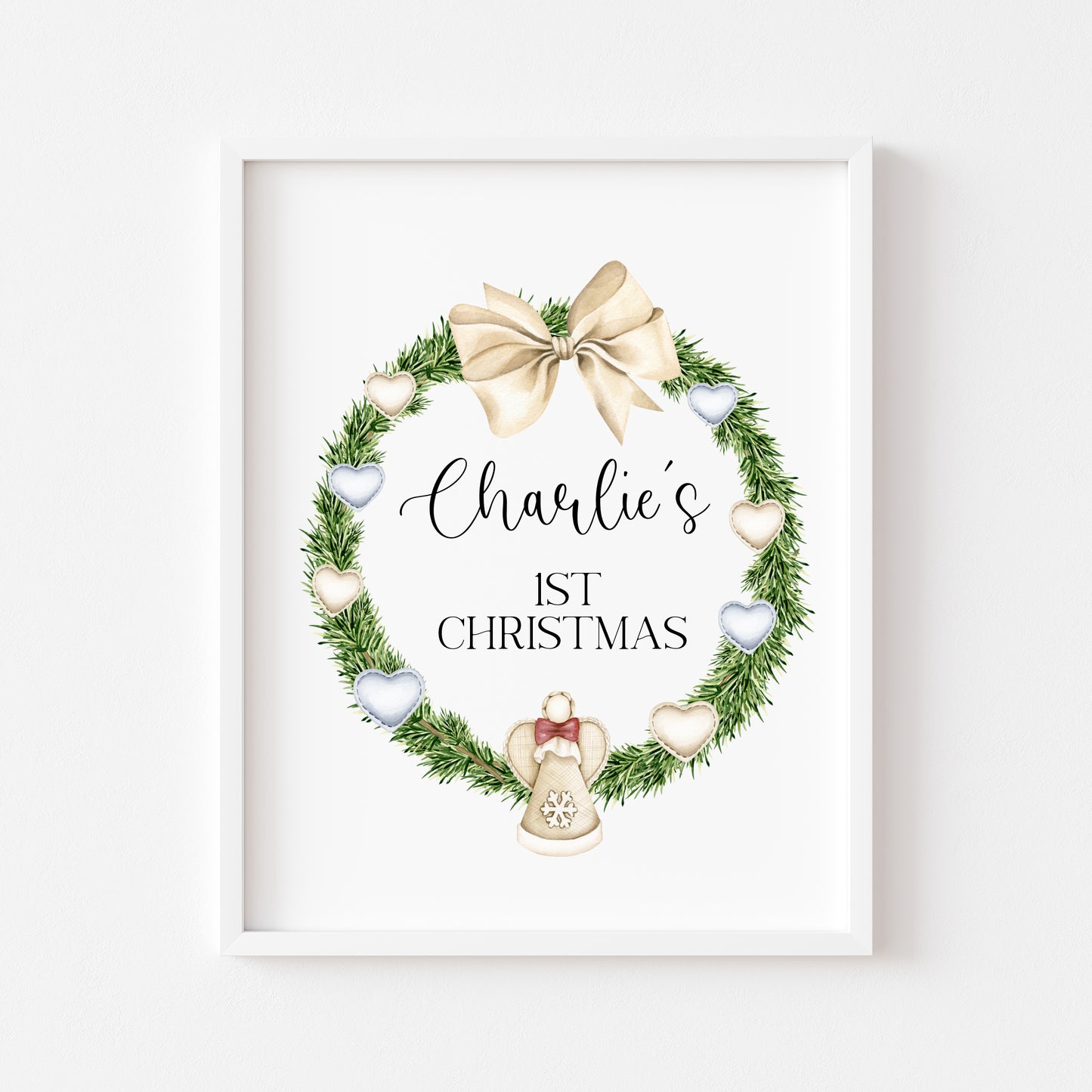 Personalised First Christmas kids babies seasonal heart wreath beige blue unframed wall art poster print