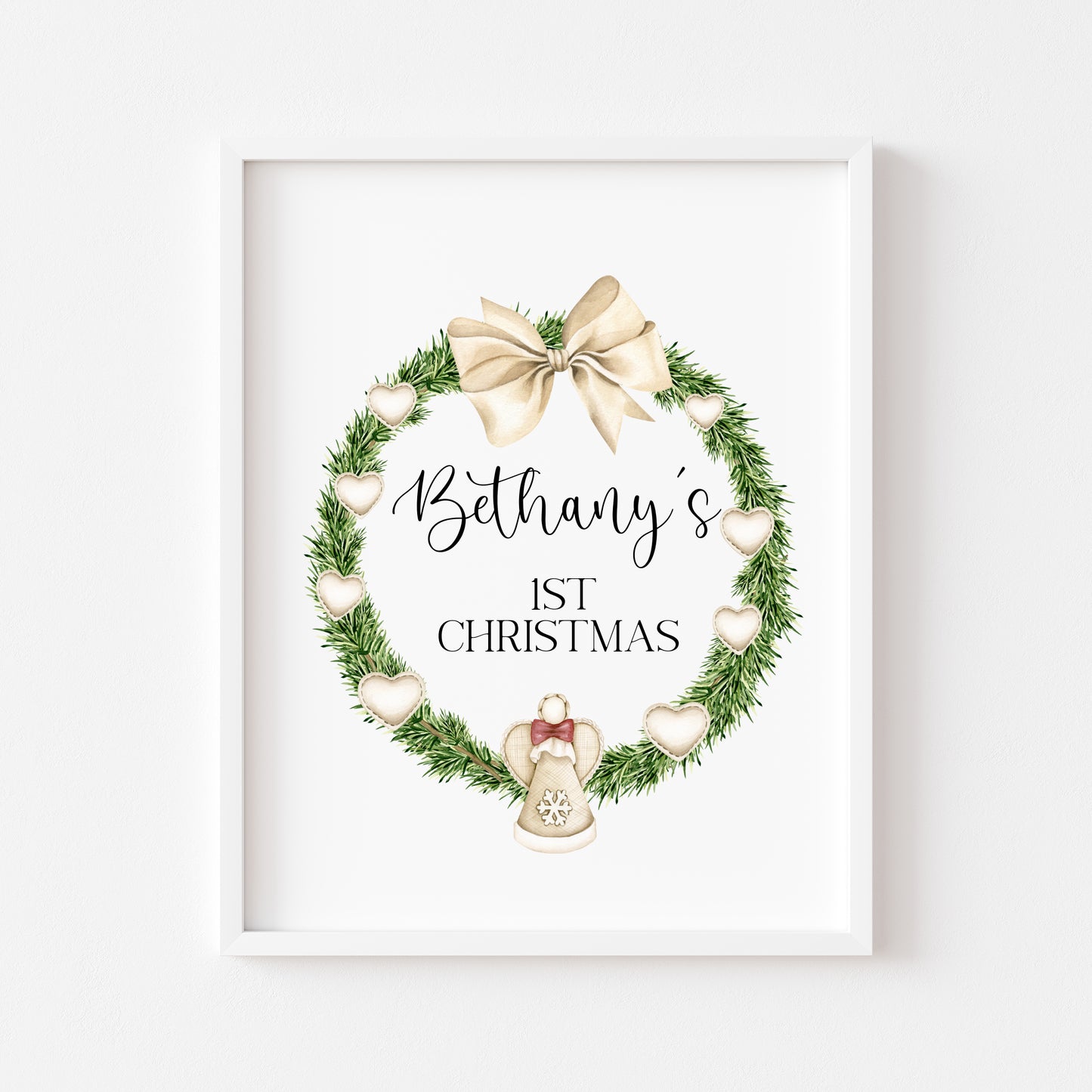 Personalised First Christmas kids babies seasonal heart wreath beige blue unframed wall art poster print