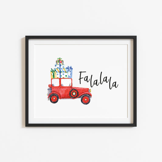 Fa la la Red Christmas car and presents seasonal unframed wall art poster print