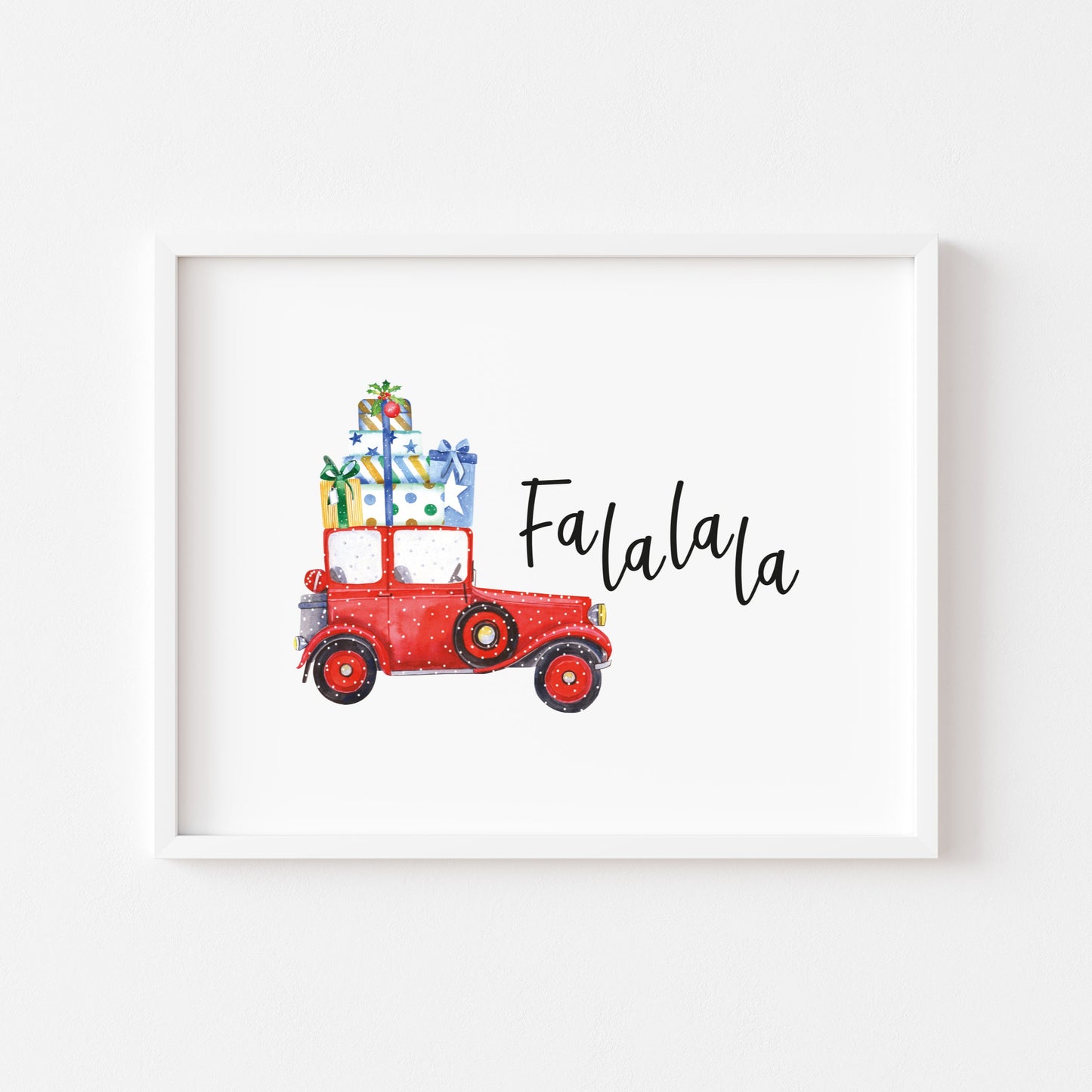 Fa la la Red Christmas car and presents seasonal unframed wall art poster print