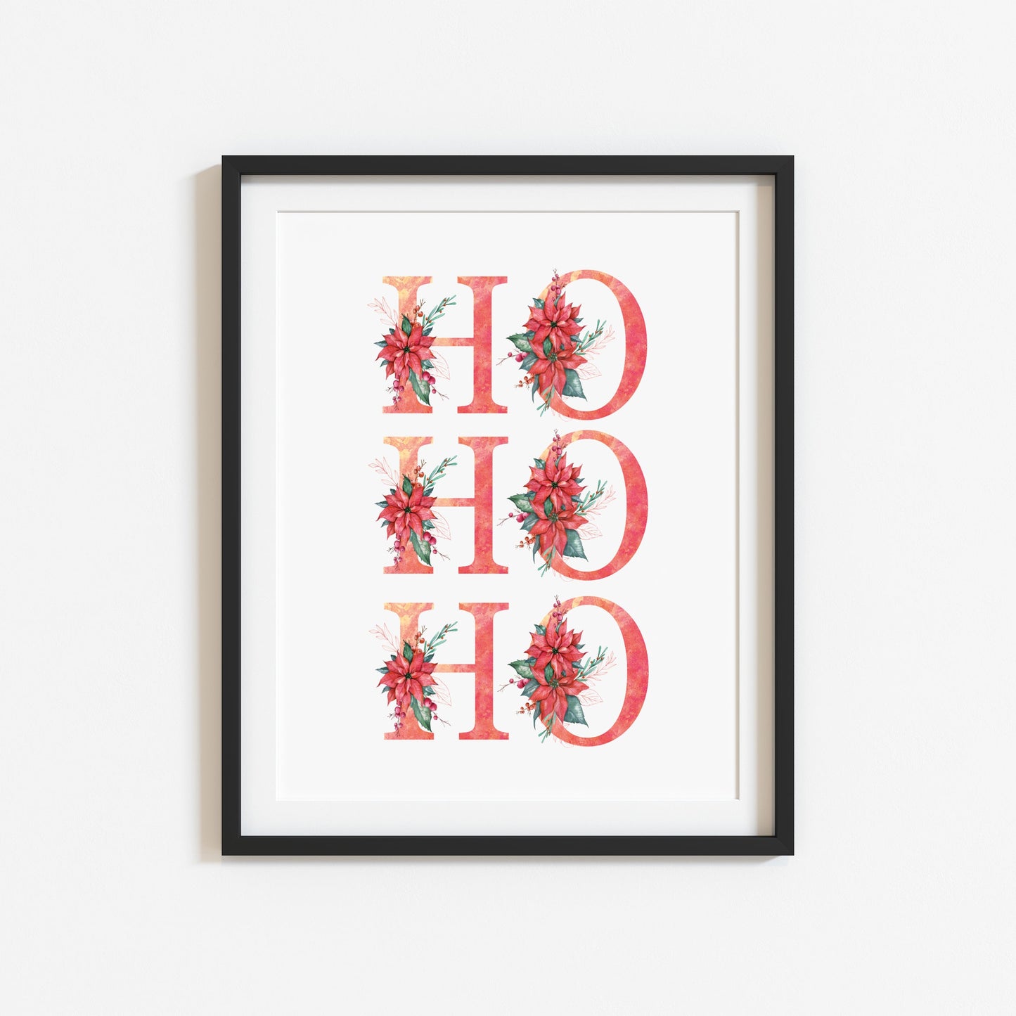 HO HO HO red crimson floral Christmas letters seasonal unframed wall art poster print