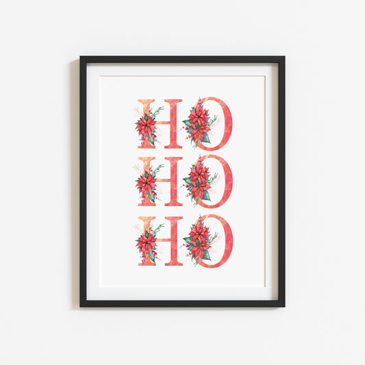HO HO HO red crimson floral Christmas letters seasonal unframed wall art poster print