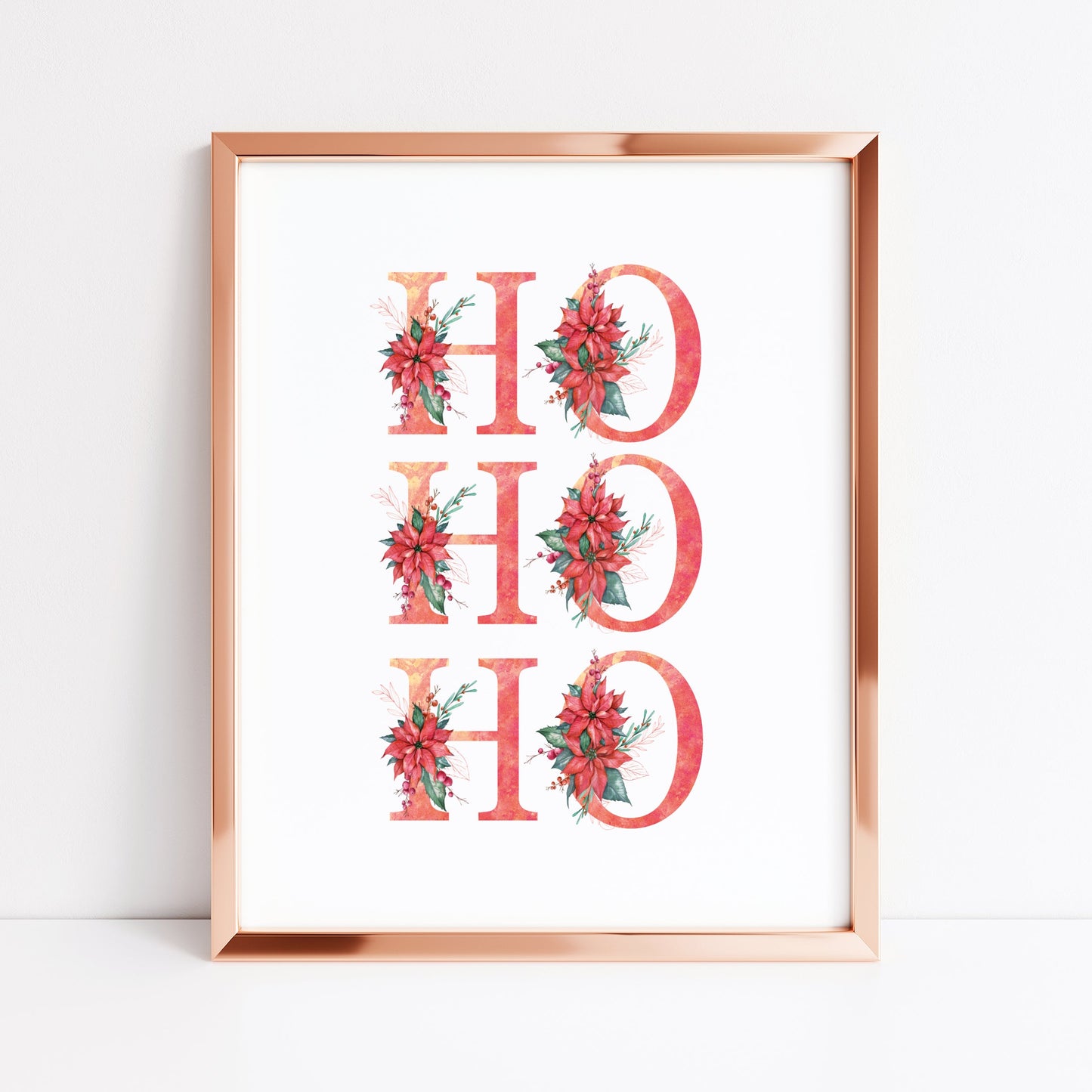 HO HO HO red crimson floral Christmas letters seasonal unframed wall art poster print