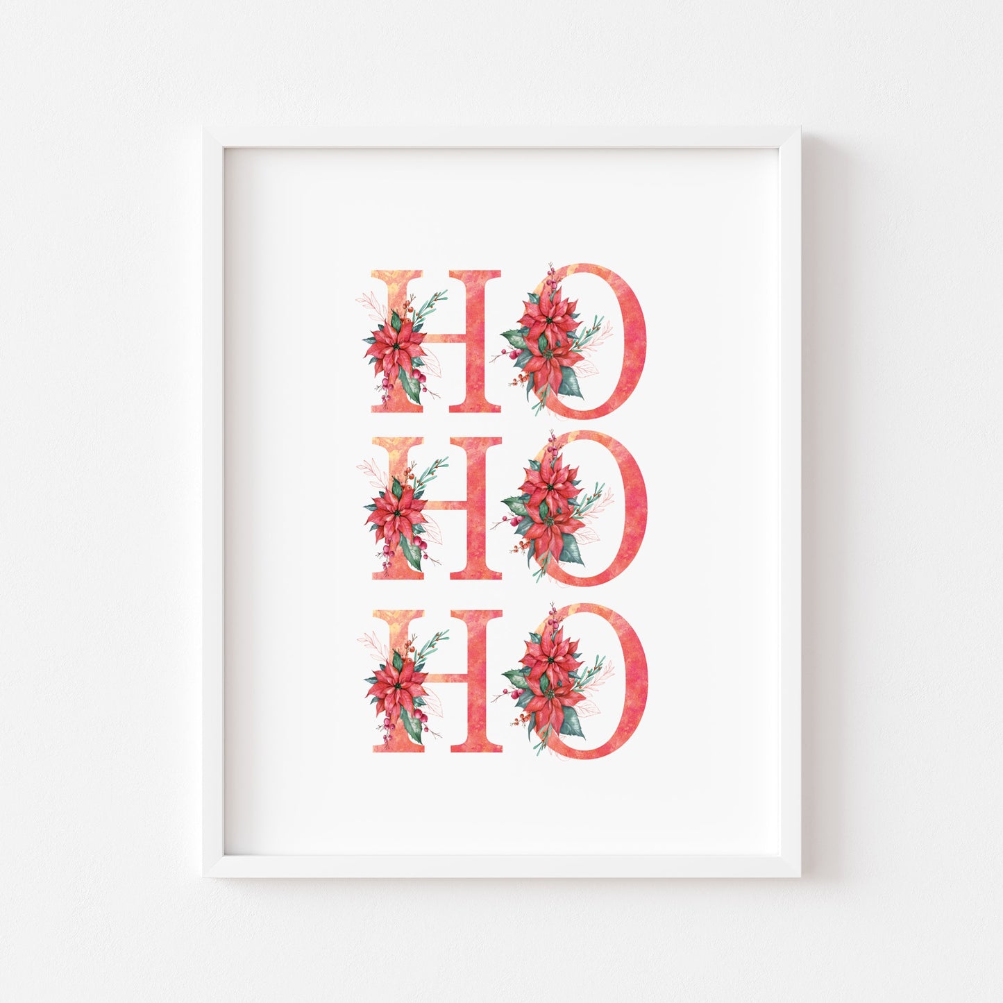 HO HO HO red crimson floral Christmas letters seasonal unframed wall art poster print
