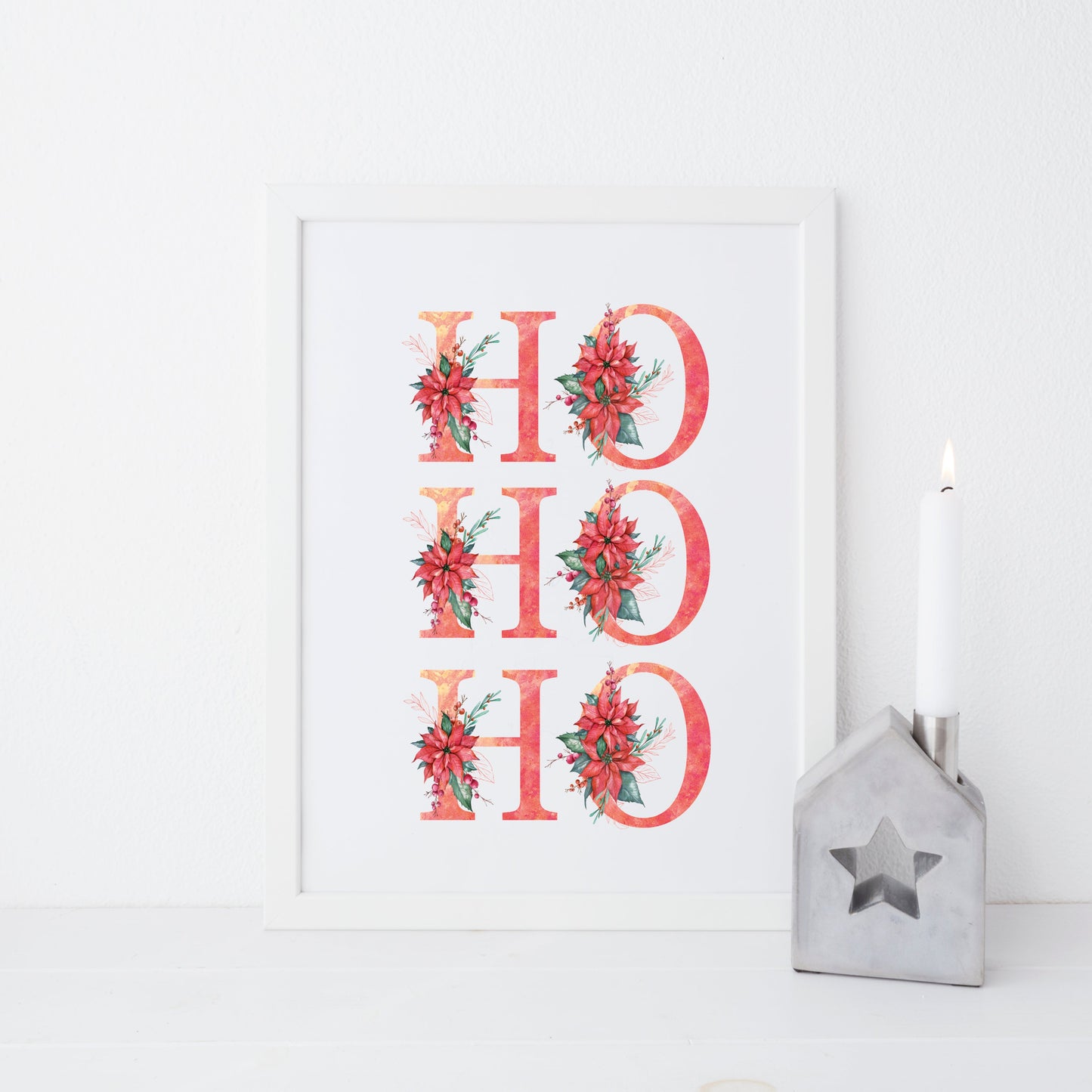 HO HO HO red crimson floral Christmas letters seasonal unframed wall art poster print