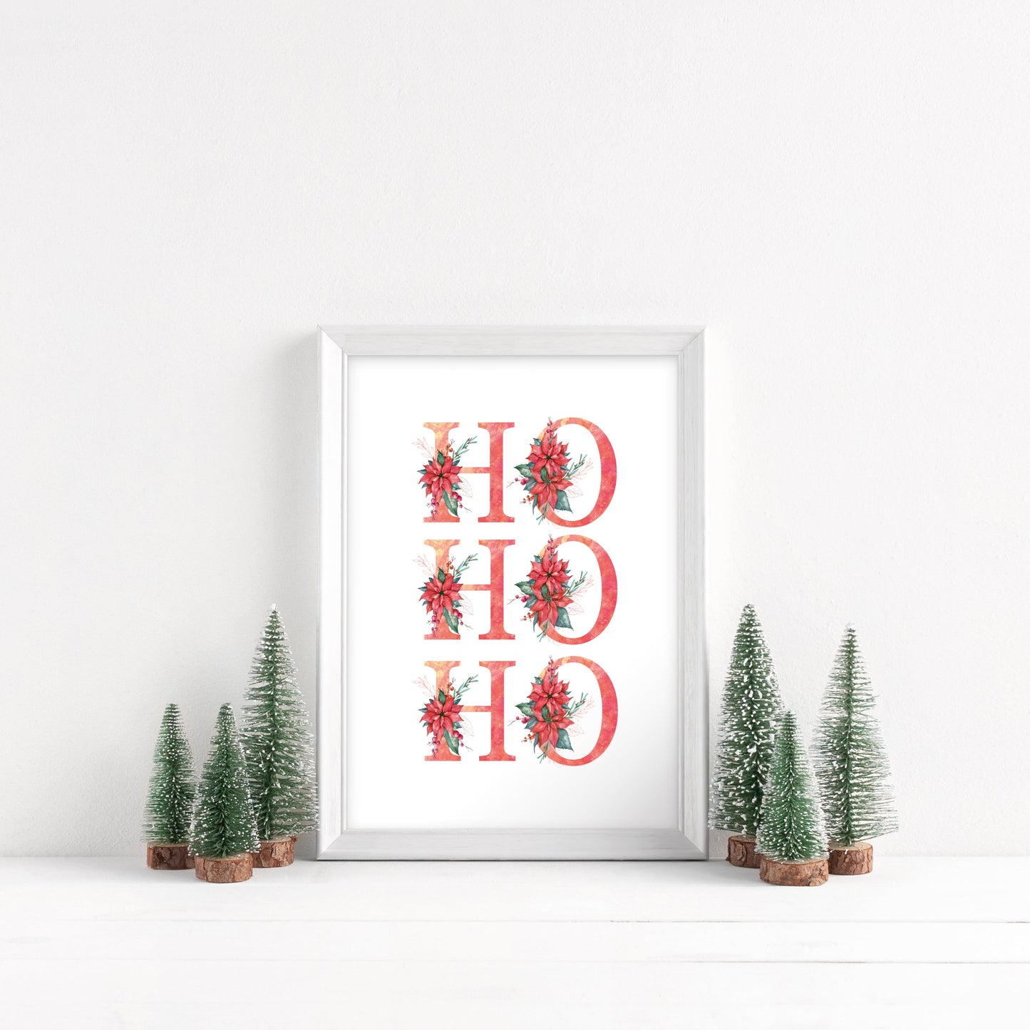 HO HO HO red crimson floral Christmas letters seasonal unframed wall art poster print