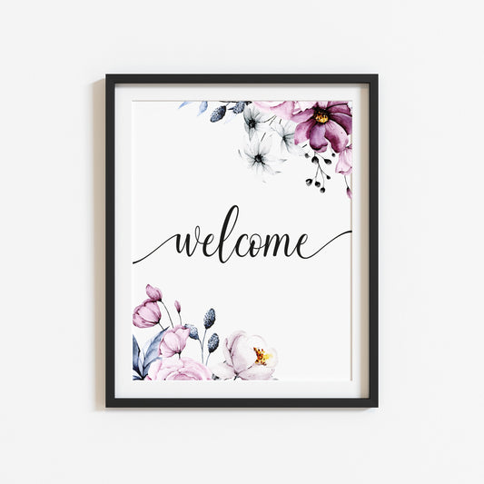 Welcome purple blue floral border home hallway welcome sign unframed wall art poster print