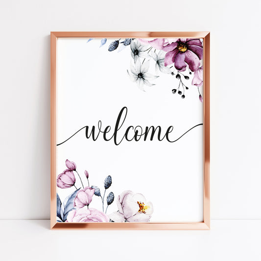 Welcome purple blue floral border home hallway welcome sign unframed wall art poster print