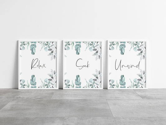 Set of 3 bathroom prints relax soak unwind eucalyptus plant set wall art poster unframed prints