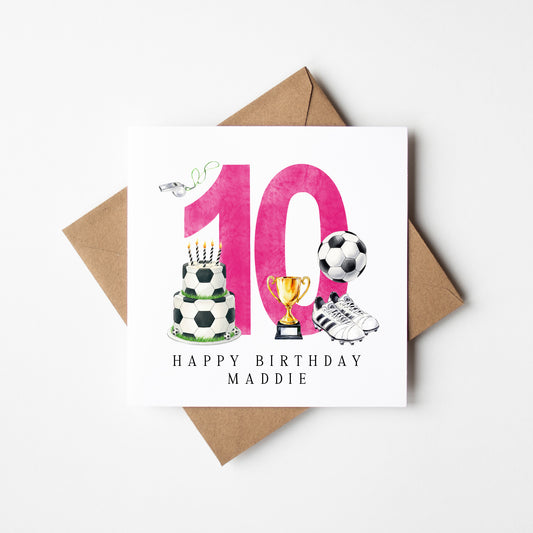 10th Birthday Card personalised pink football footy themed bday card number 10 with Envelope