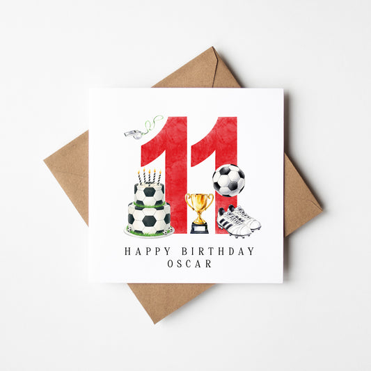 11th Birthday Card personalised football footy themed boys Red bday card number 11 with Envelope