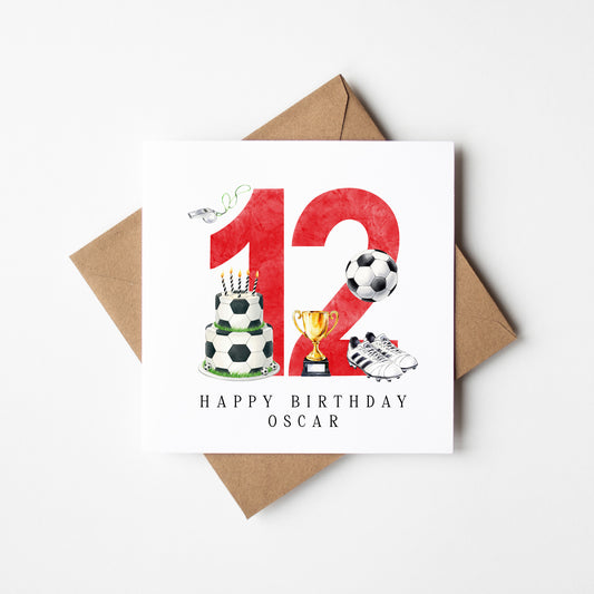 12th Birthday Card personalised football footy themed boys Red bday card number 12 with Envelope