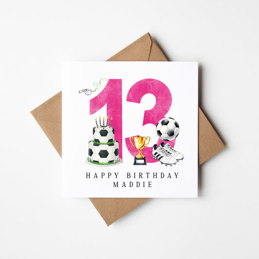 13th Birthday Card personalised pink football footy themed bday card number 13 with Envelope