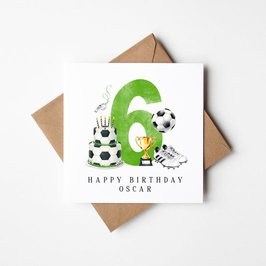 6th Birthday Card personalised football footy themed boys Green bday card number 6 with Envelope