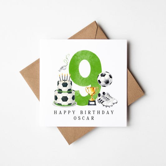 9th Birthday Card personalised football footy themed boys Green bday card number 9 with Envelope