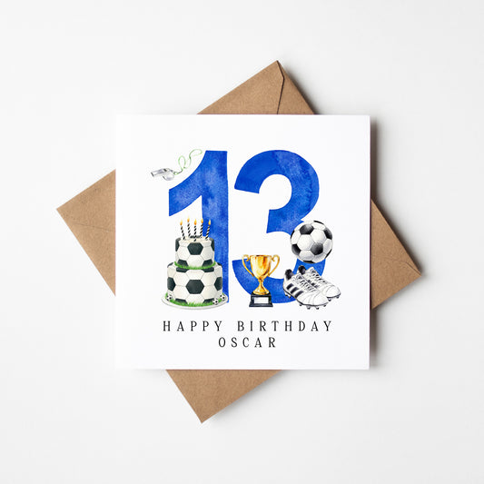 13th Birthday Card personalised football footy themed boys bday card number 13 with Envelope