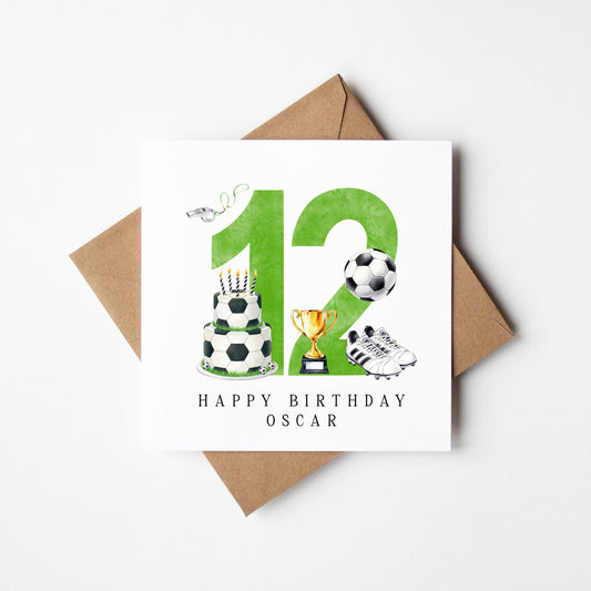 12th Birthday Card personalised football footy themed boys Green bday card number 12 with Envelope