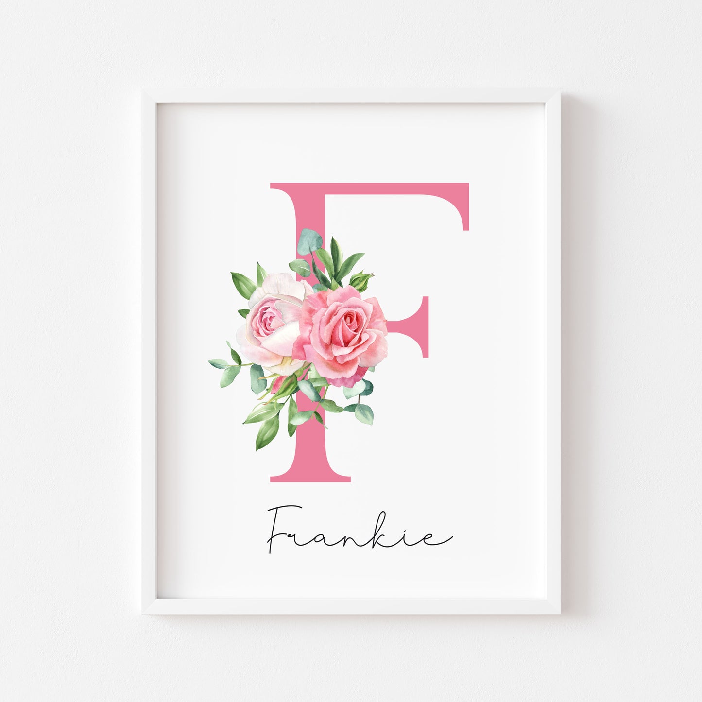 Personalised pink roses floral initial name print, bedroom nursery home unframed wall art poster print, initial print, floral nursery print