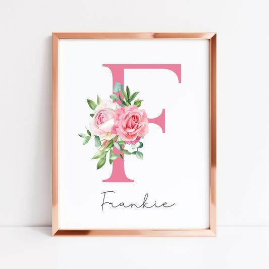 Personalised pink roses floral initial name print, bedroom nursery home unframed wall art poster print, initial print, floral nursery print