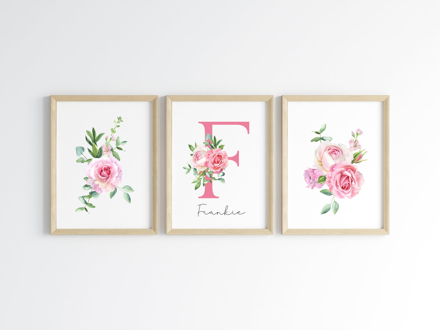 Set of 3 pink roses floral Initial personalised girls bedroom wall art poster prints, personalised with name, girls bedroom decor, pink