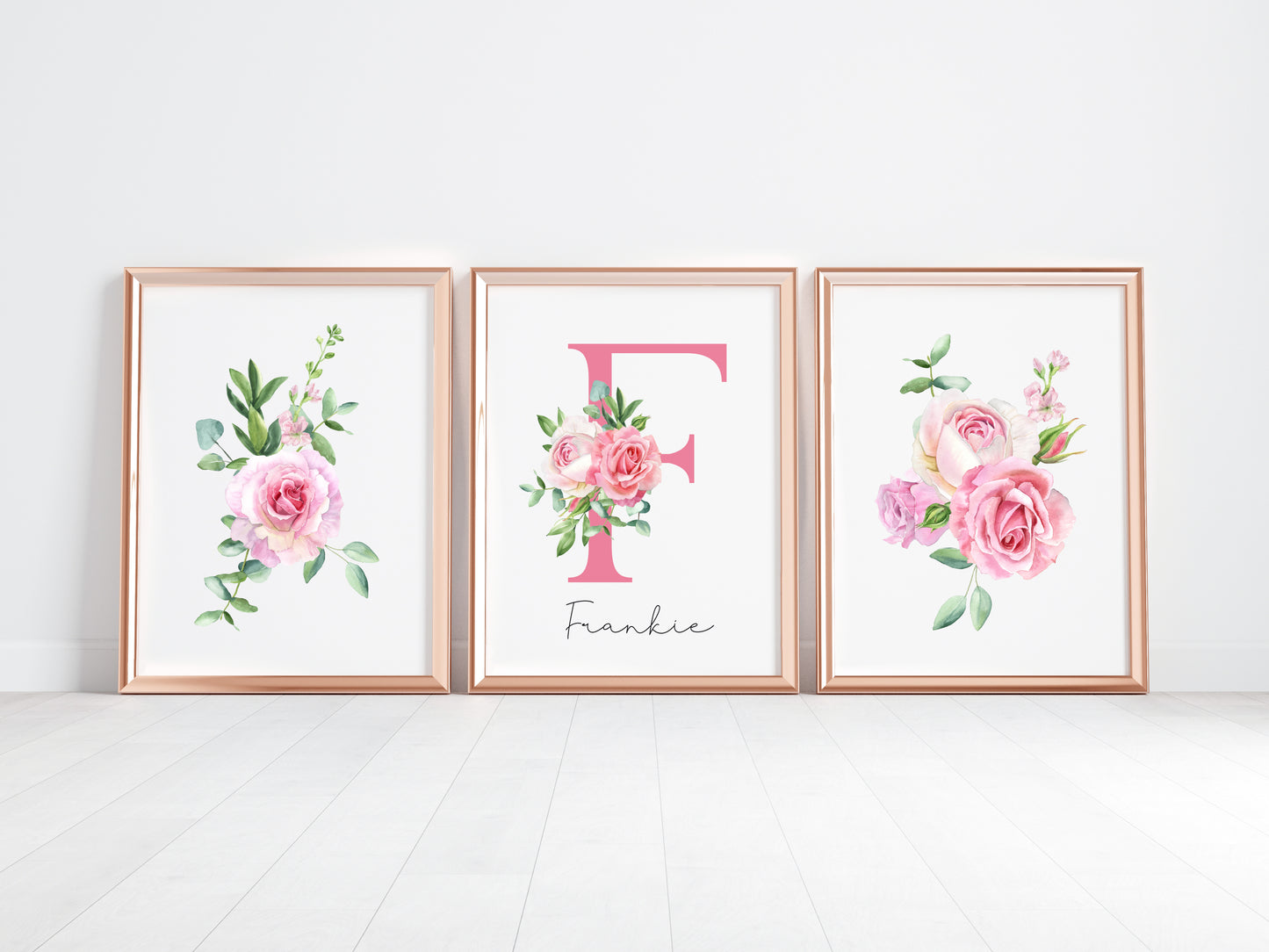 Set of 3 pink roses floral Initial personalised girls bedroom wall art poster prints, personalised with name, girls bedroom decor, pink