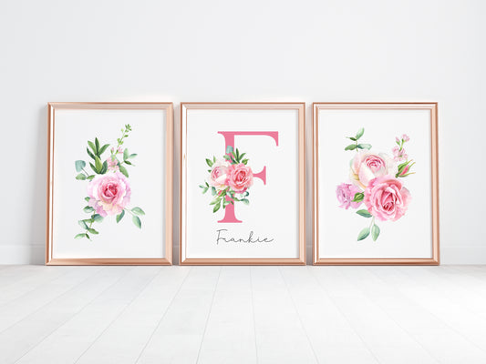 Set of 3 pink roses floral Initial personalised girls bedroom wall art poster prints, personalised with name, girls bedroom decor, pink