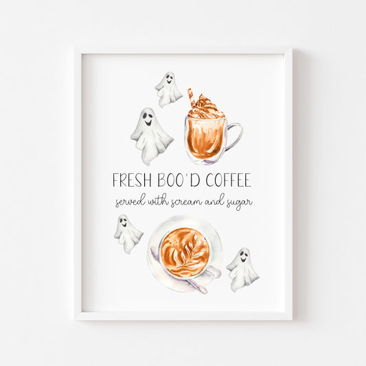 Fresh Boo'd coffee served with sugar & scream spooky ghost coffee halloween unframed print, halloween home decor, halloween art, kitchen art