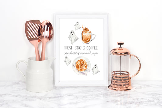 Fresh Boo'd coffee served with sugar & scream spooky ghost coffee halloween unframed print, halloween home decor, halloween art, kitchen art