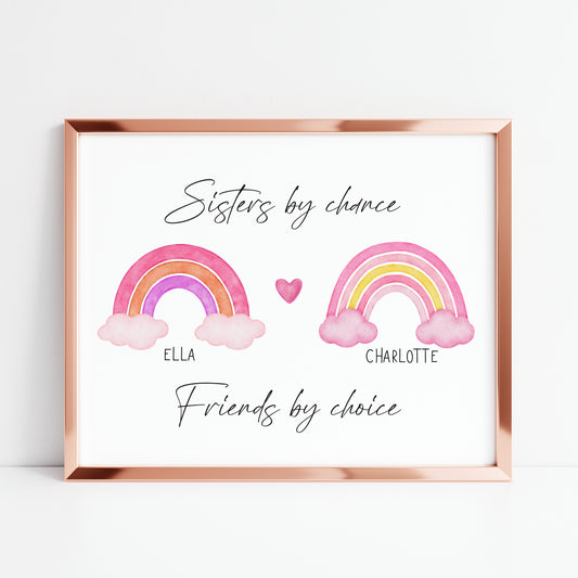 Sisters by chance friends by choice personalised rainbow name sister bedroom unframed wall art poster print