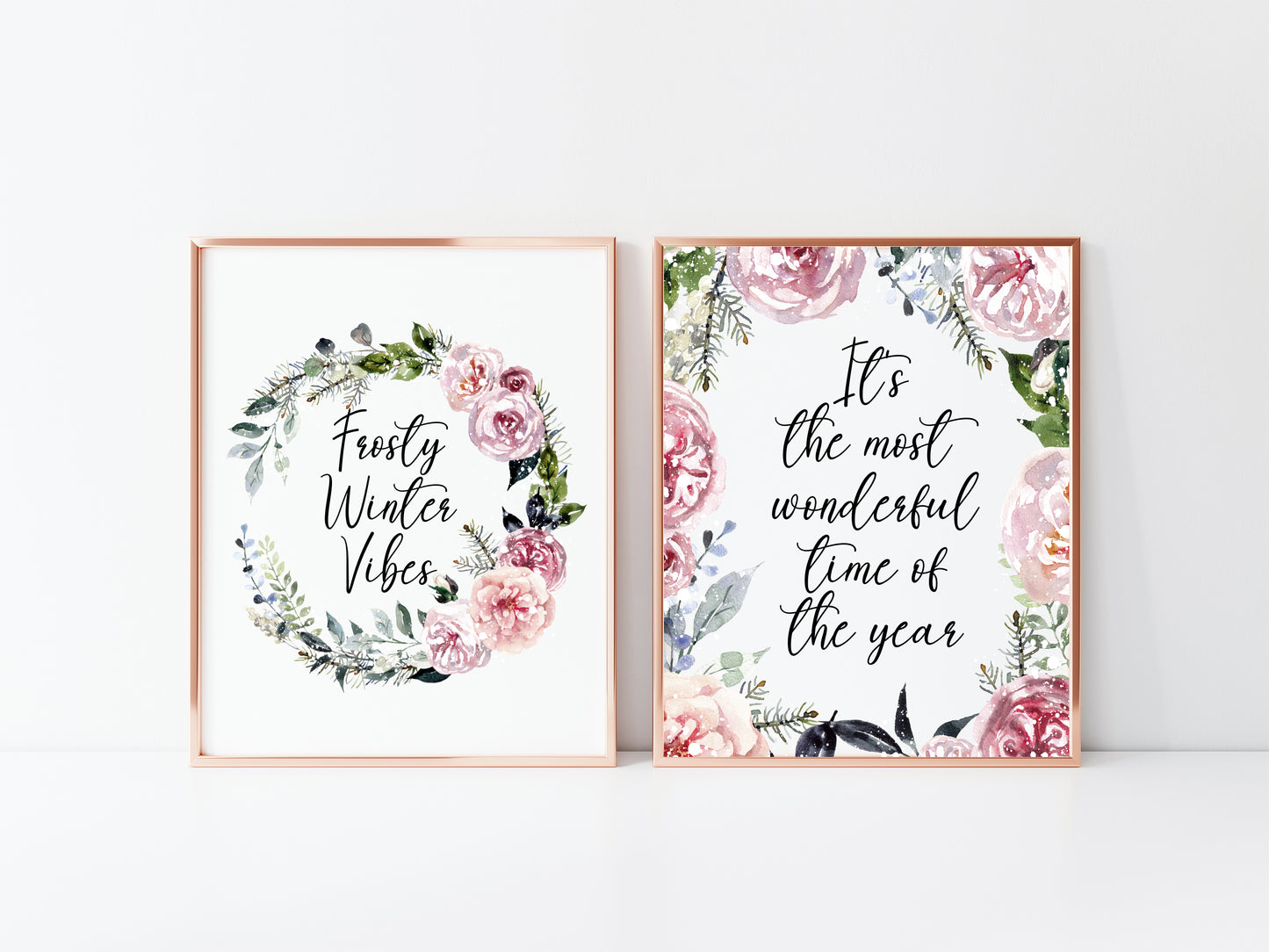 Set of 2, Frosty winter Vibes & It's the most wonderful time of the year seasonal unframed wall art poster prints