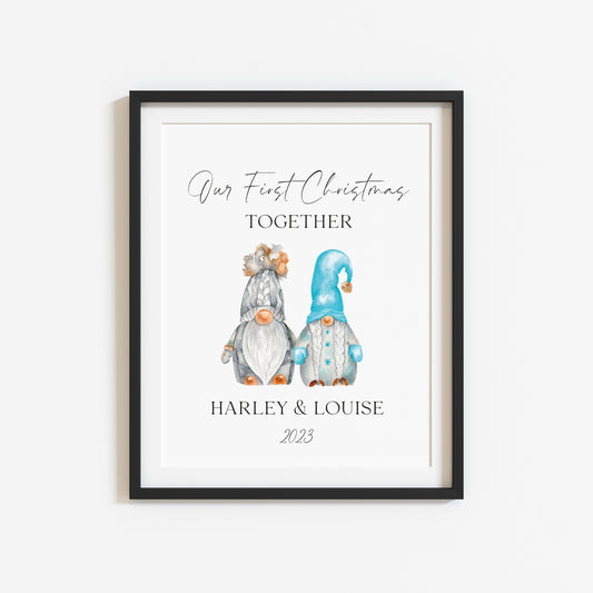 Personalised Our first Christmas together watercolour blue gnome gonks seasonal unframed wall art poster print