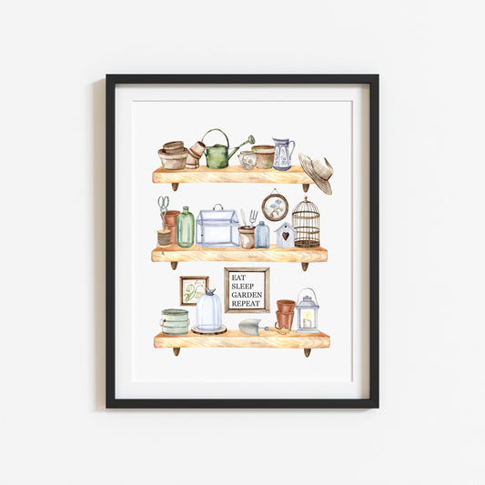 Garden shed shelfie watercolour illustration gardening spring summer unframed wall art poster print
